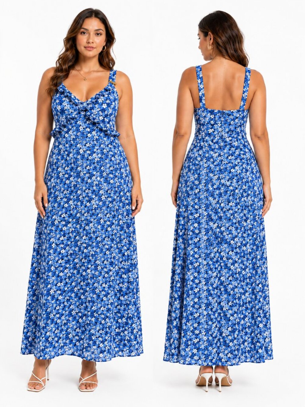 Michael Kors Blue Floral Ruffle V-Neck Maxi Dress Gold Logo Hardware Size M